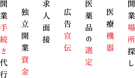 開業場所探し/医療機器/医薬品の選定/広告宣伝/求人面接/独立開業資金/開業手続き代行